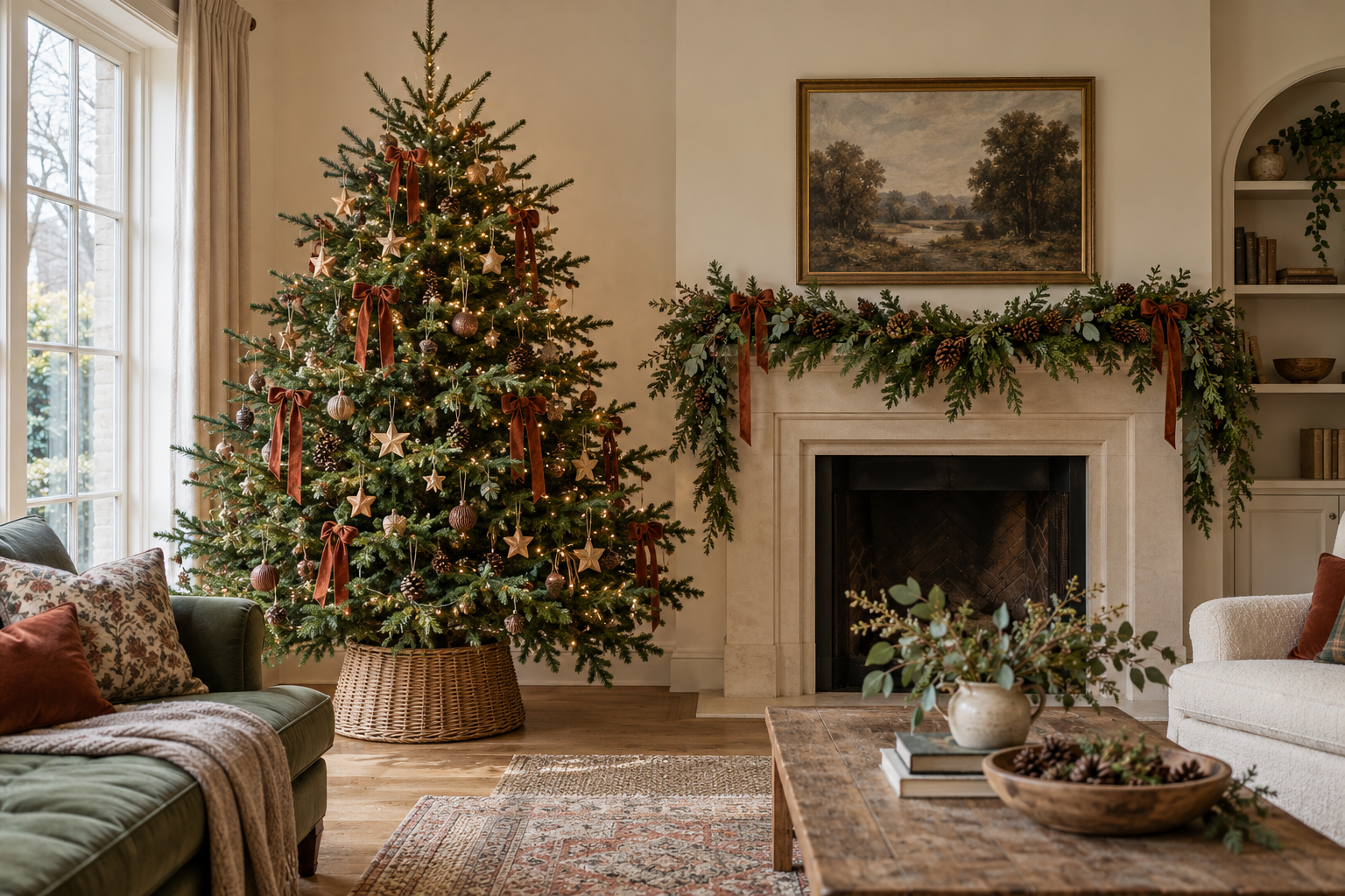 Christmas styling inspiration with a woven tree collar, wooden ornaments and evergreen mantel garland